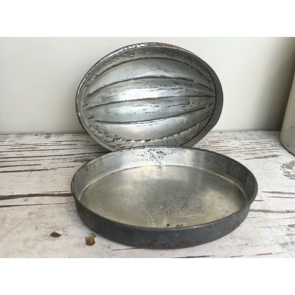 Vintage Oval Country Scalloped Serving Tray Dome, Mold, Dish W/Rust Worn Patina